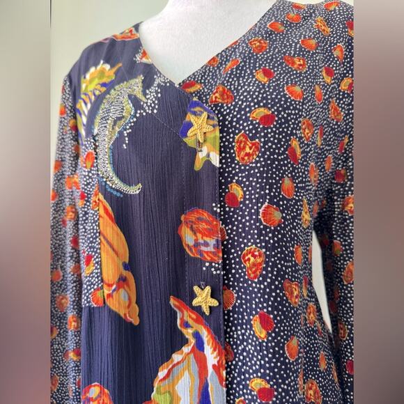 Vintage Y2K A.K.F. New York Ocean Print V-Neck Long Sleeve Button Down Blouse - Picture 2 of 8